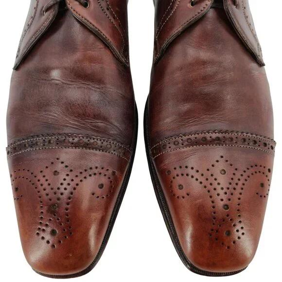 Santoni Italy Antiqued Brown Leather Dress Shoes 8 Cap-toe Brogue Derby Oxfords